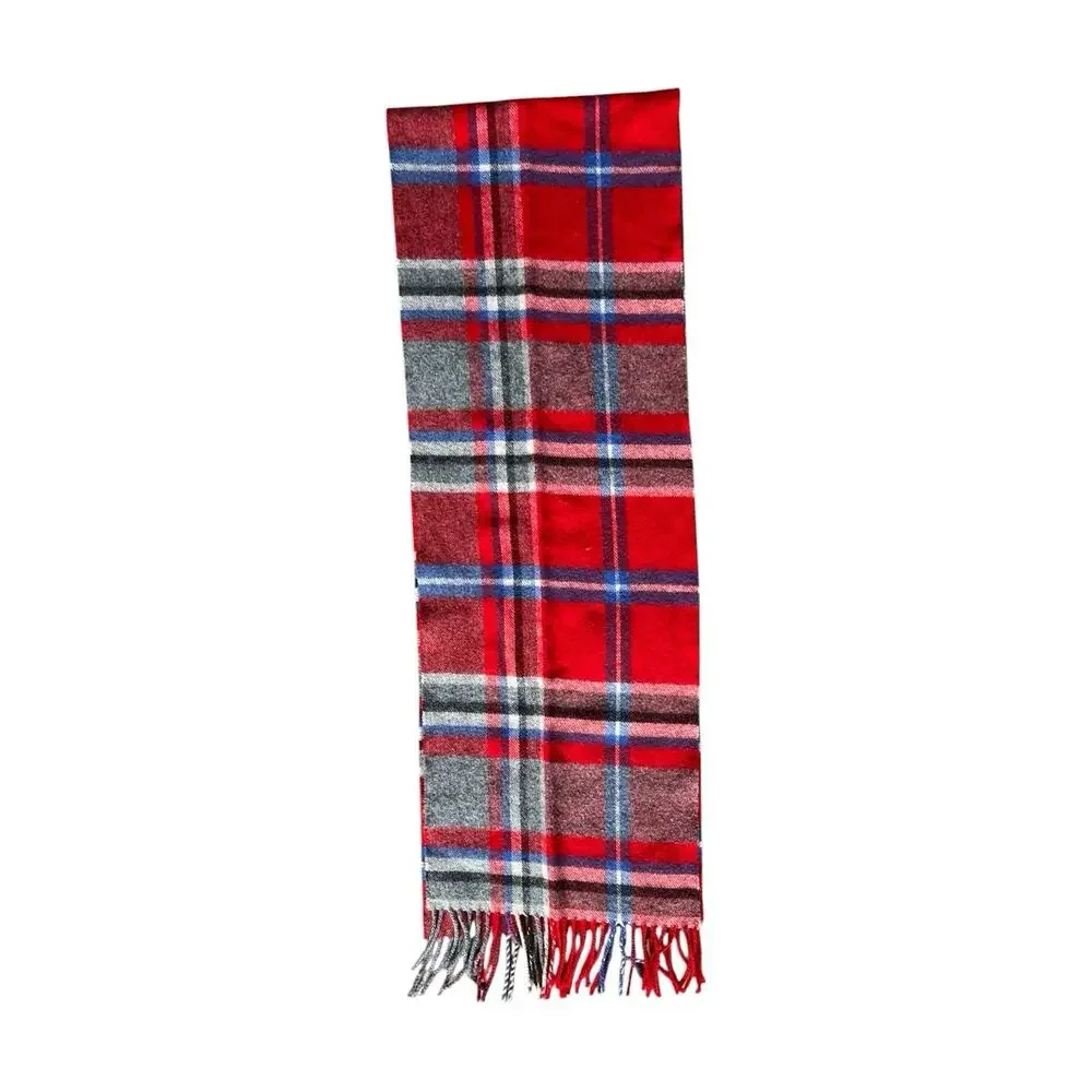 Vintage Brooks Brothers Wool Scotland Scarf Blue Red Mackay Plaid Check Fringed